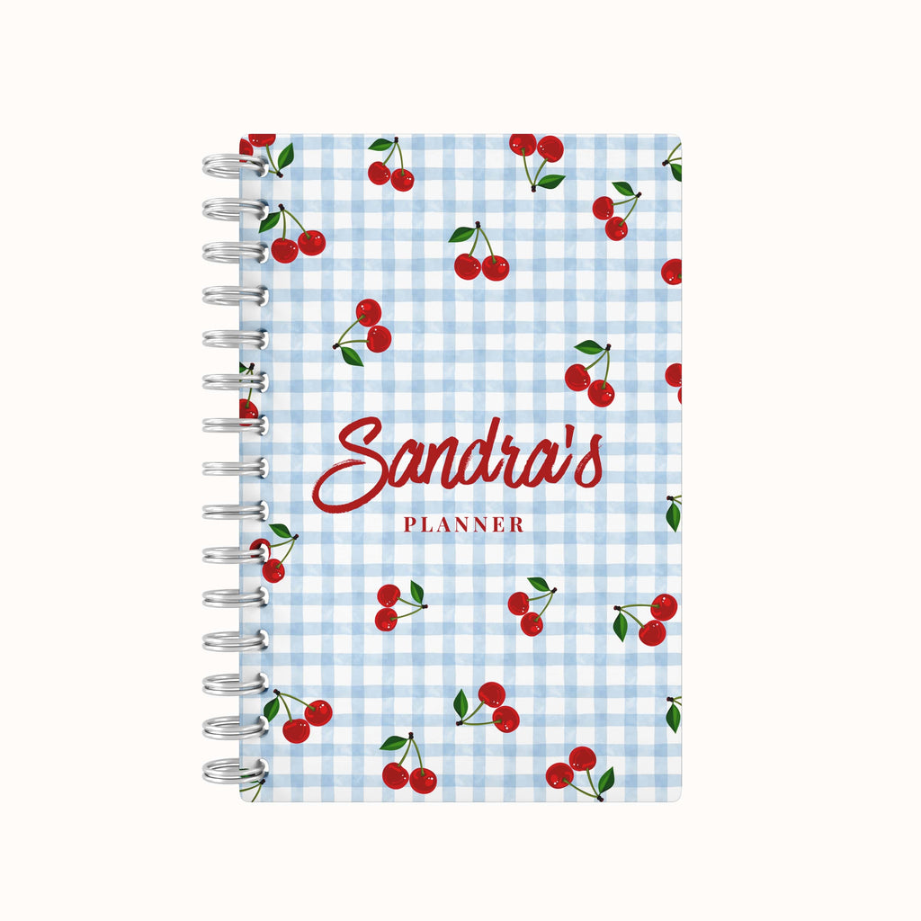 Checkered Cherries Lined Notebook - Blue