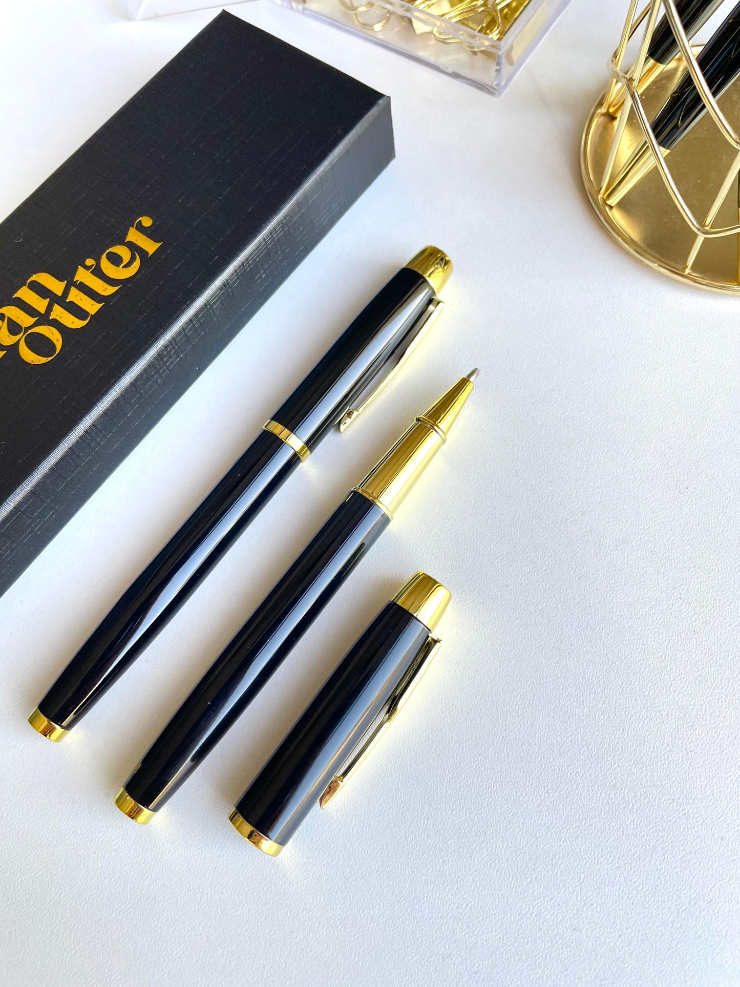 Black Gold Engraved Ballpoint Cap Pen - Black Ink