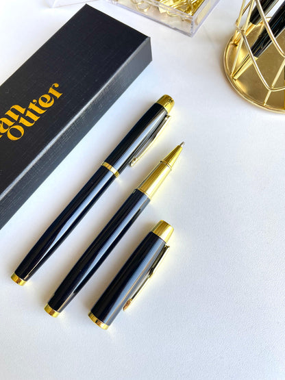 Black Gold Engraved Ballpoint Cap Pen - Black Ink