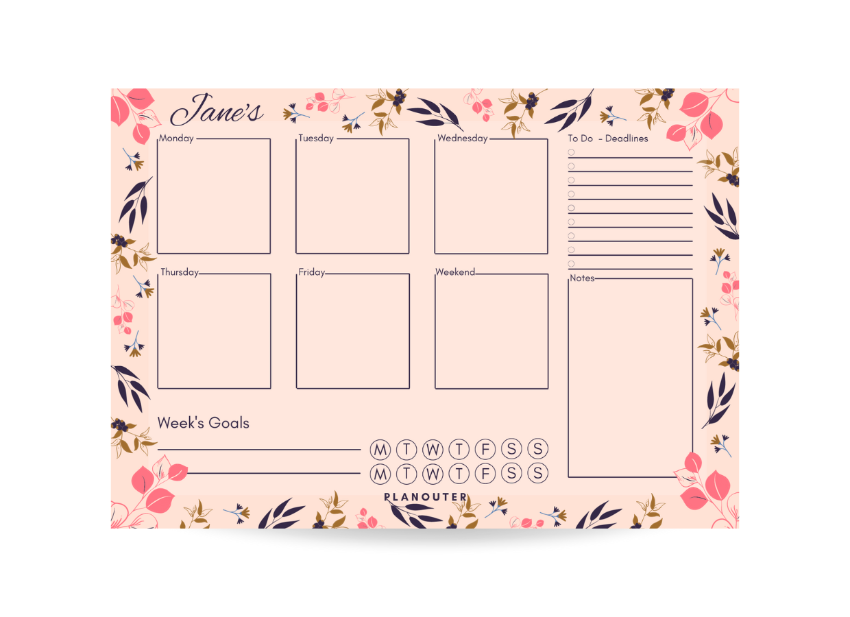 Beige Floral Weekly Desk Planner